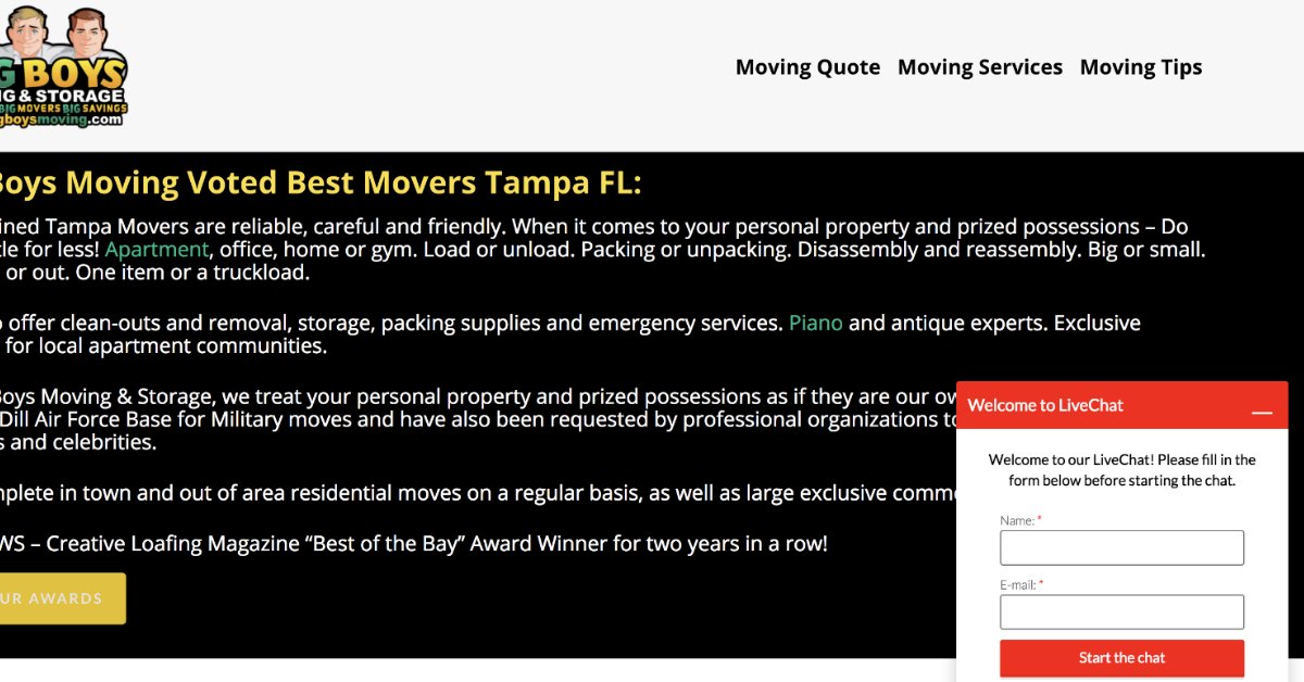 Big Boys Moving Live Chat Support Now Open to Answer Questions About Your Tampa Move